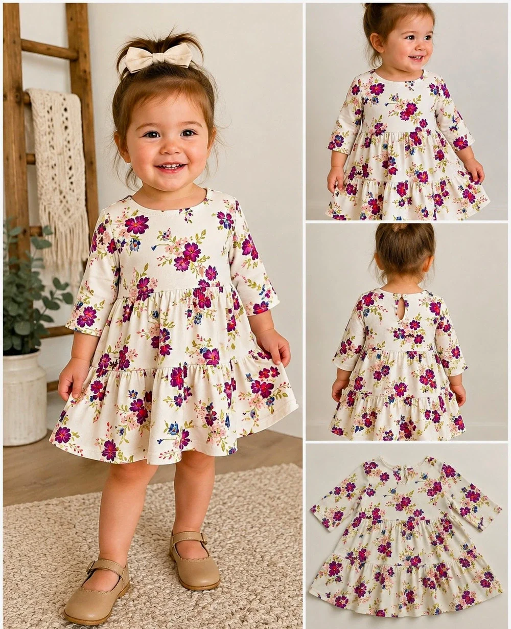 Old Navy Baby Girls 18-24M Floral Tiered Dress Ivory Purple Blue 3/4 Sleeve